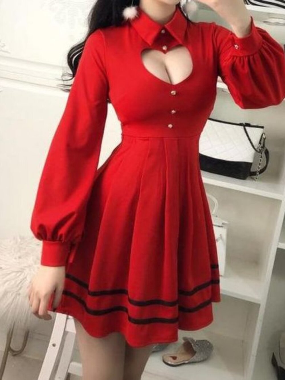 NWT Red Heart Valentine Retro Keyhole Cutout Long Sleeve Pleated Mini Dress S/M
